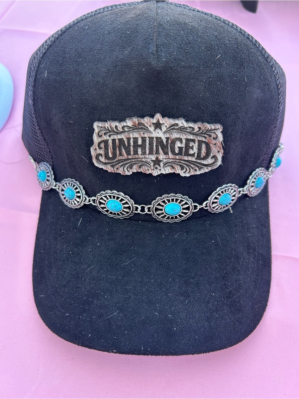 UNHINGED Black Trucker Hat with Turquoise Concho Chain